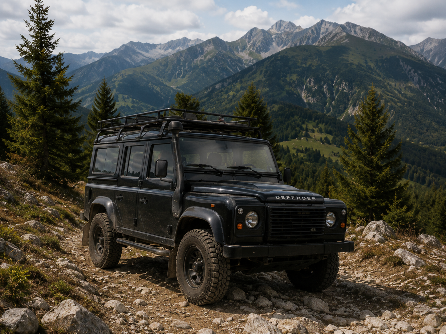 Defender on the mountain ridge, wide panorama