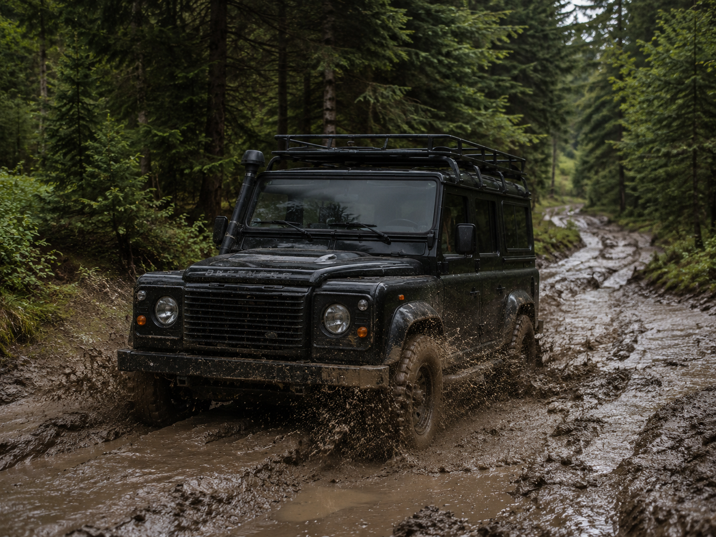 Defender on a muddy forest road