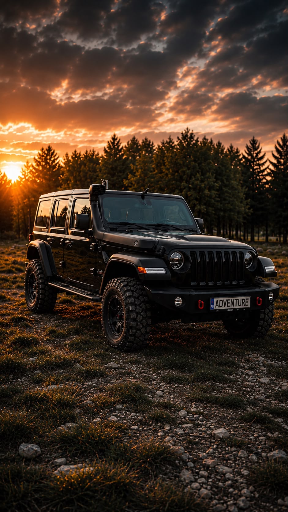 Tur 4x4 — Jeep Wrangler la apus, pe drum de munte
